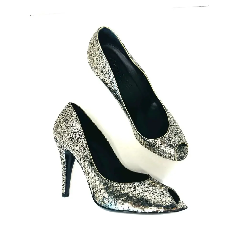 Chanel Silver Metallic Textured Leather Peep Toe Pumps Heels Size EU 38.5